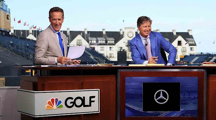 Rich Lerner and Brandel Chamblee are seen on the Golf Channel set during previews to the 2018 British Open at Carnoustie Golf Club.
